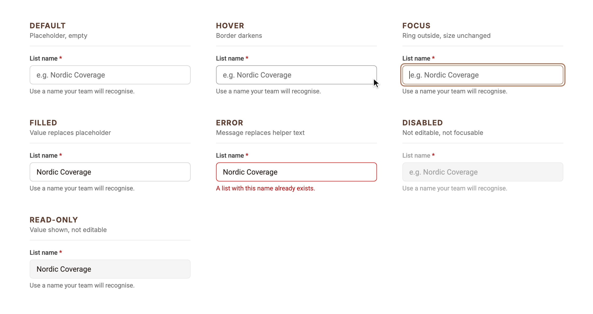 Single line text input with label and helper text in seven states: default, hover, focus, filled, error, disabled, read-only